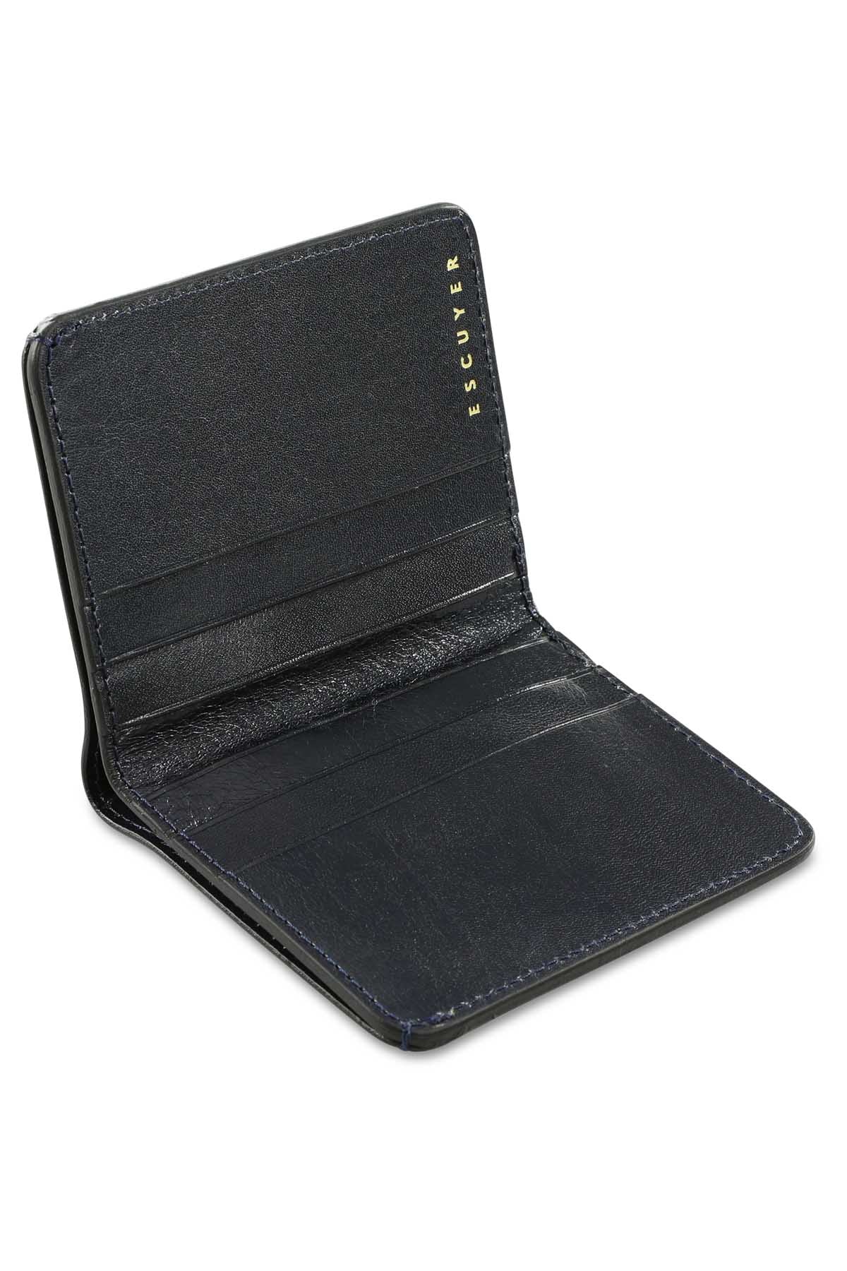Escuyer blue slim wallet showing slim profile and hand painted edges