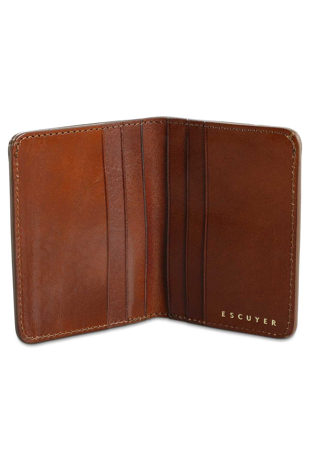 Escuyer light brown slim wallet showing bill sleeve in natural leather interior