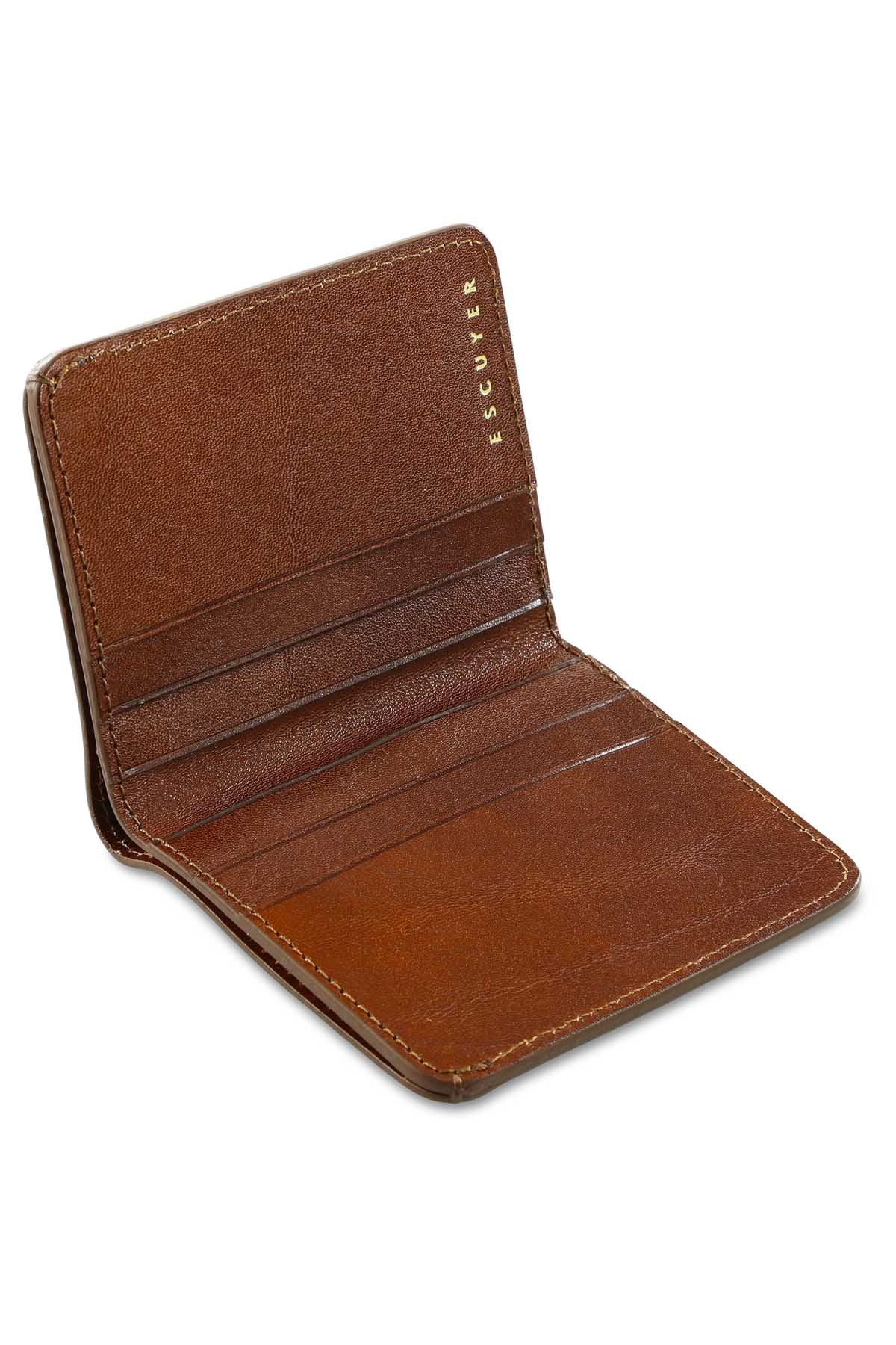 Escuyer light brown slim wallet showing slim profile and hand painted edges