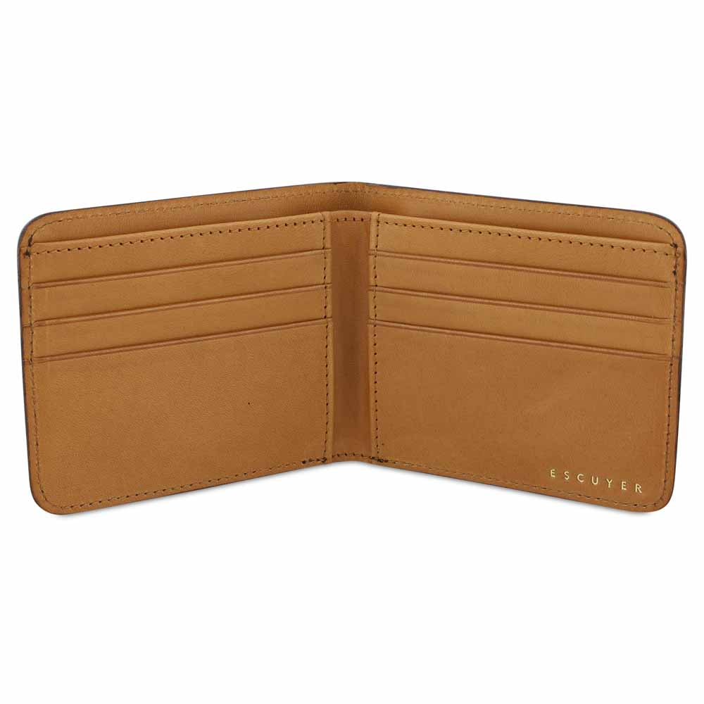 Escuyer khaki and natural billfold wallet open — natural leather interior with 6 card slots and 2 receipt pockets
