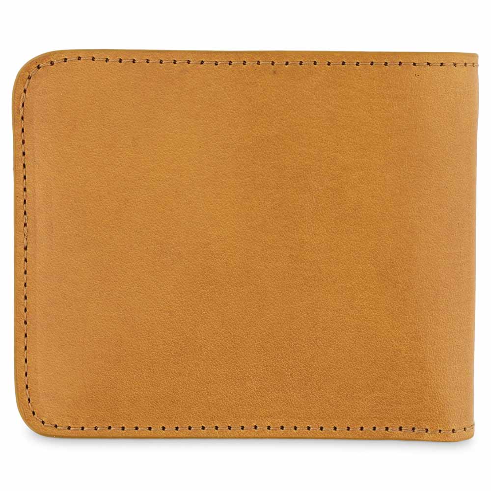 Escuyer mustard and natural billfold wallet open — natural leather interior with 6 card slots and 2 receipt pockets