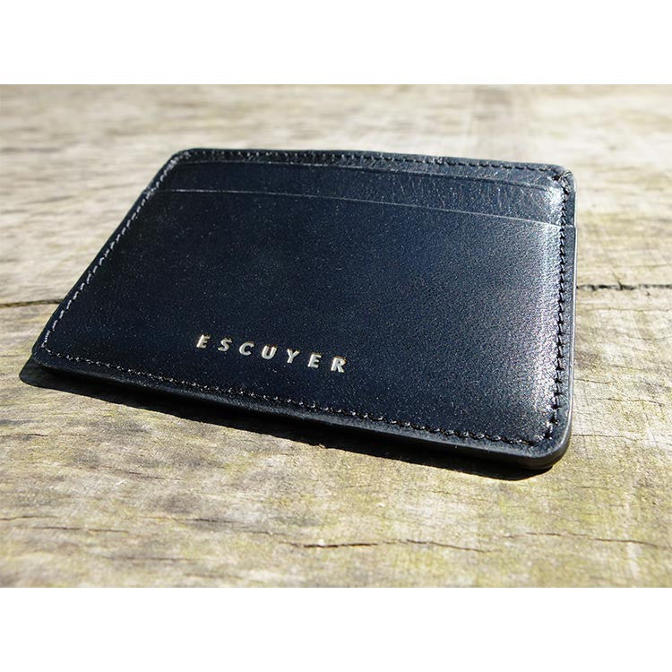 Escuyer handmade leather cardholder in blue — Italian vegetable tanned leather, gold logo